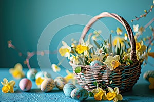 Basket with Easter eggs and spring flowers on blue background