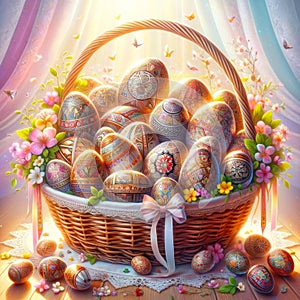 Basket Easter Eggs Ukrainian Pysanka Salvation Sacrifice Crucifixion Jesus Sunday Risen Sunrise AI Generated