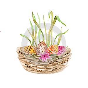 Basket with Easter eggs. Watercolor drawing. Isolated object on white background.