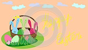 basket with easter multi-colored eggs.