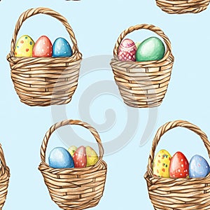 A basket of eggs in different colors is shown in a blue background