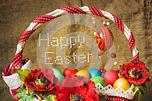 Basket with eggs and embroidered text 'Happy Easter'