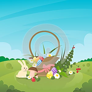 Basket With Eggs Flowers Easter Holiday Present Rabbit Nature Spring Background