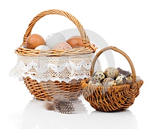 Basket with eggs and quail eggs