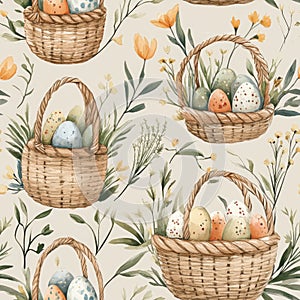 A basket of eggs is shown in a pattern of baskets