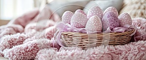 A basket of eggs is sitting on a blanket