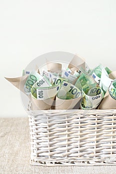 Basket Euro Banknotes White Hand One Hundred Background Gift Present Packing Package