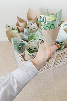 Basket Euro Banknotes White Hand One Hundred Background Gift Present Packing Package