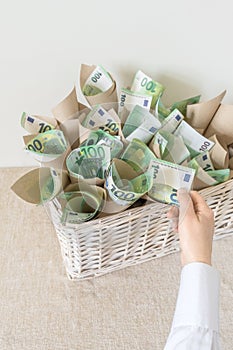 Basket Euro Banknotes White Hand One Hundred Background Gift Present Packing Package