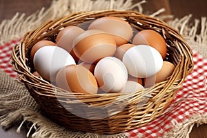a basket of farm fresh eggs on a straw surface