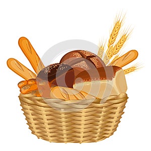 Basket filled with baked goods realistic style illustration on white