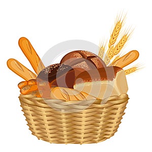 Basket filled with baked goods realistic style illustration on white photo