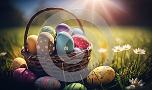 a basket filled with colorful eggs sitting on top of a lush green field with daisies and daisies in the grass next to it