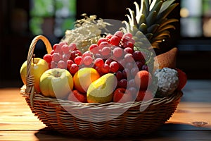 A basket filled with fruits, set against a warm wooden backdrop