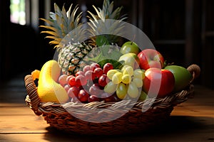 A basket filled with fruits, set against a warm wooden backdrop