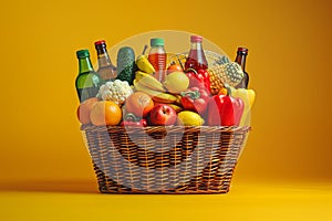 Basket filled with groceries positioned on yellow background in supermarket