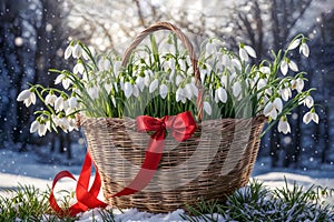 Basket filled with snowdrops is tied with a red ribbon. Martisor and Baba Marta
