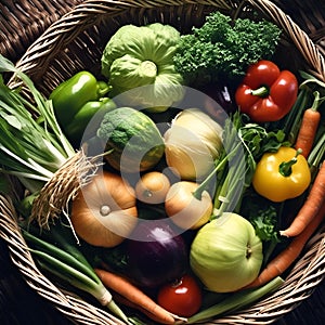 A basket filled with a variety of freshly-picked produce