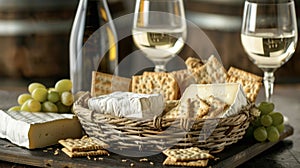 A basket filled with various artis cheeses crunchy crackers and fresh gs perfect for pairing with a crisp glass of white