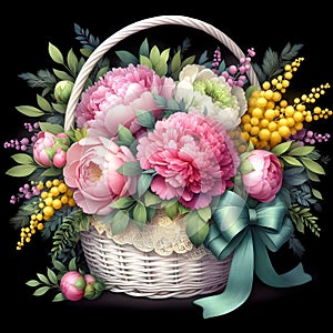 a basket filled with vibrant flowers and elegant green ribbon