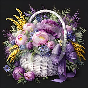 basket filled with vibrant flowers and elegant ribbon