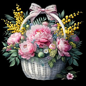 a basket filled with vibrant flowers and elegant ribbon