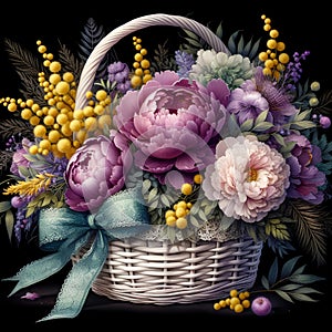 a basket filled with vibrant flowers and elegant ribbon