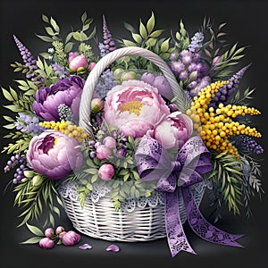 a basket filled with vibrant flowers and intricate ribbon