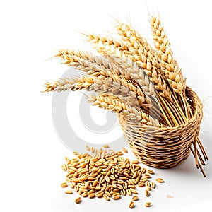 A basket filled with wheat next to a pile of grain, clipart isolated on white background.