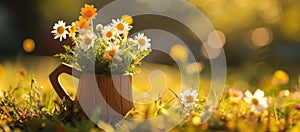 Basket of flowers on a sunny meadow