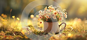 Basket of flowers on a sunny meadow