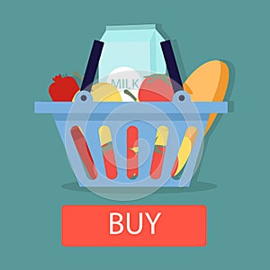 Basket with food. Online purchase of food products on the Internet.