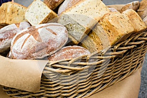 Basket of fresh baked bread at the market