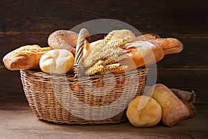 basket of fresh baked bread and wheat ears