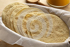 Basket with fresh baked papadams close up