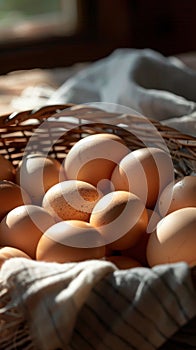 Basket of fresh brown eggs with cloth in sunlight, rustic kitchen setting