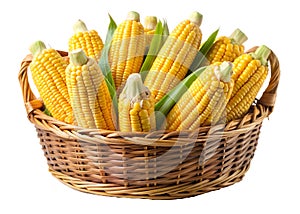 Basket of fresh corn cobs isolated on white background