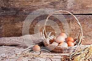 Basket of fresh eggs and chicken eggs with dried straw lying on a wooden background table on an organic farm