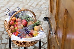 Basket with fresh fruit and lavender threads