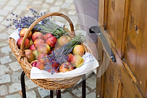 Basket with fresh fruit and lavender threads