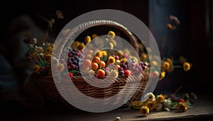 Basket of fresh fruit on a wooden table, autumn decoration generated by AI