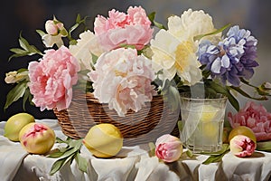 A basket of fresh peonies and irises in pastel colors on a white tablecloth with a glass of lemonade