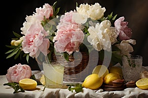 A basket of fresh peonies and irises in pastel colors on a white tablecloth with a glass of lemonade