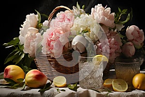 A basket of fresh peonies and irises in pastel colors on a white tablecloth with a glass of lemonade