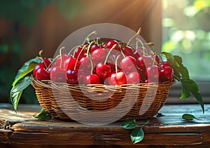Basket with fresh red cherry on the wooden table