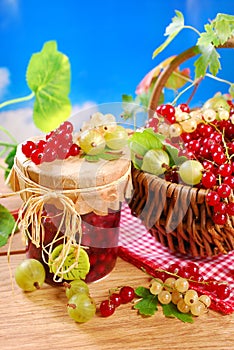 basket of fresh red,white currant ,gooseberry and jar of preserve