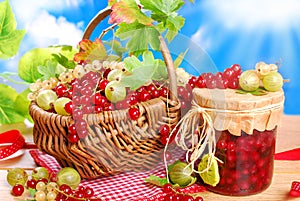 basket of fresh red,white currant ,gooseberry and jar of preserve