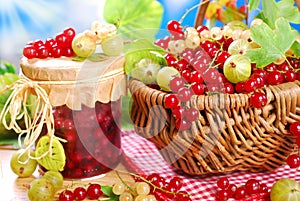 basket of fresh red,white currant ,gooseberry and jar of preserve