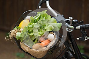 Basket with fresh vegetables on bike