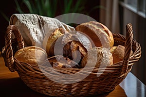 basket of freshly baked artisan breads, ready for snacking or sandwiches